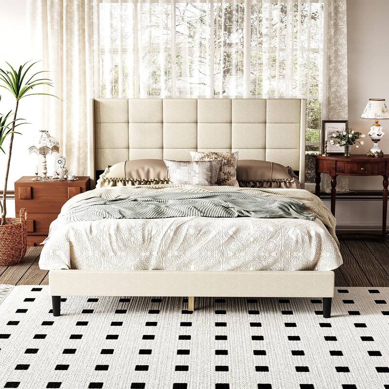 Farmhouse Queen Bed Frame Upholstered Button-Tufted Headboard Beige