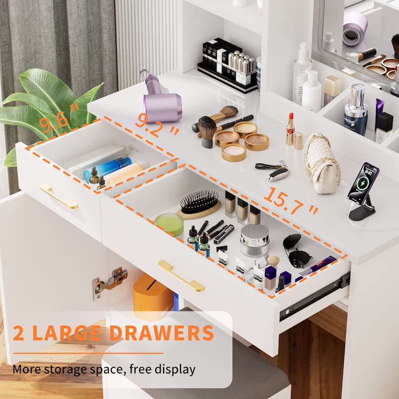 Makeup Vanity Desk with Mirror and Lights, Vanity Table with Power Outlet and 3 Lighting Modes, Dressing Table Set with Stool