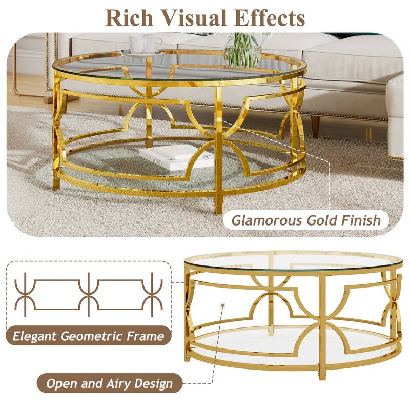Round Glass Coffee Table with Luxurious Geometric Metal Frame by Harper&Bright Designs