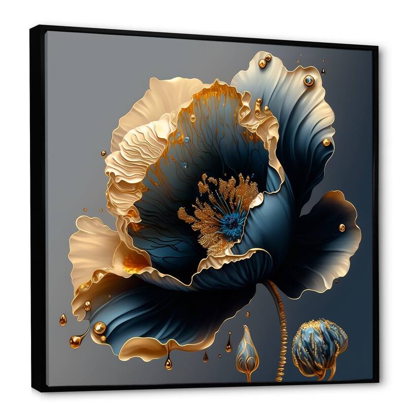 Designart "Deep Blue And Gold Single Flower IV" Floral & Botanical Framed Canvas Art Print