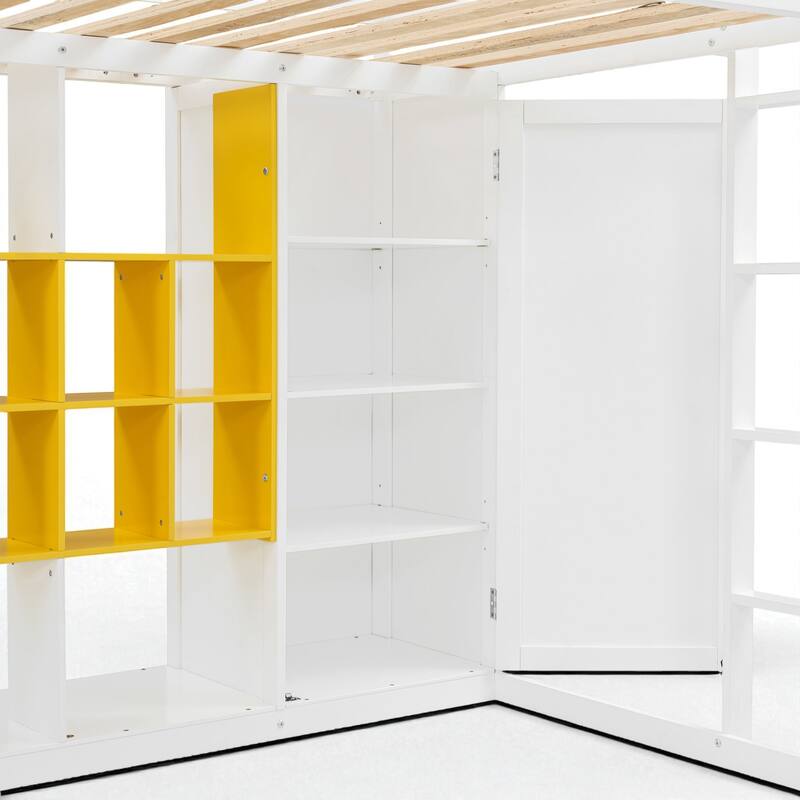 Space-Saving Twin/Full Loft Bed, Solid Wood Frame with Open Wardrobe, Colorful Shelves, Cabinet Storage & Reversible Ladder