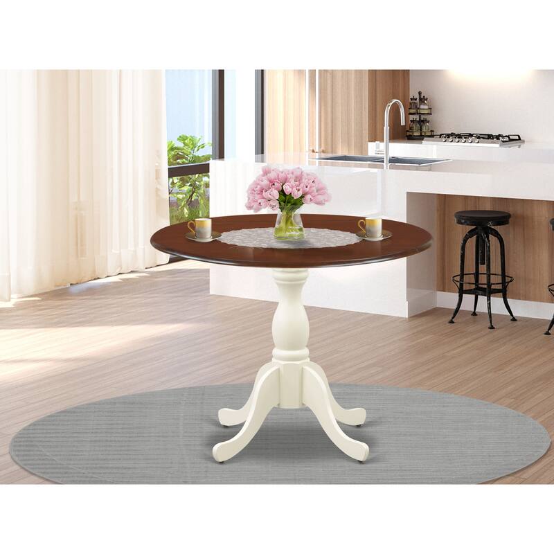 East West Furniture Dublin Dining Room Table - a Round kitchen Table Top with Dropleaf & Pedestal Base, Mahogany & Linen White - DST-MLW-TP