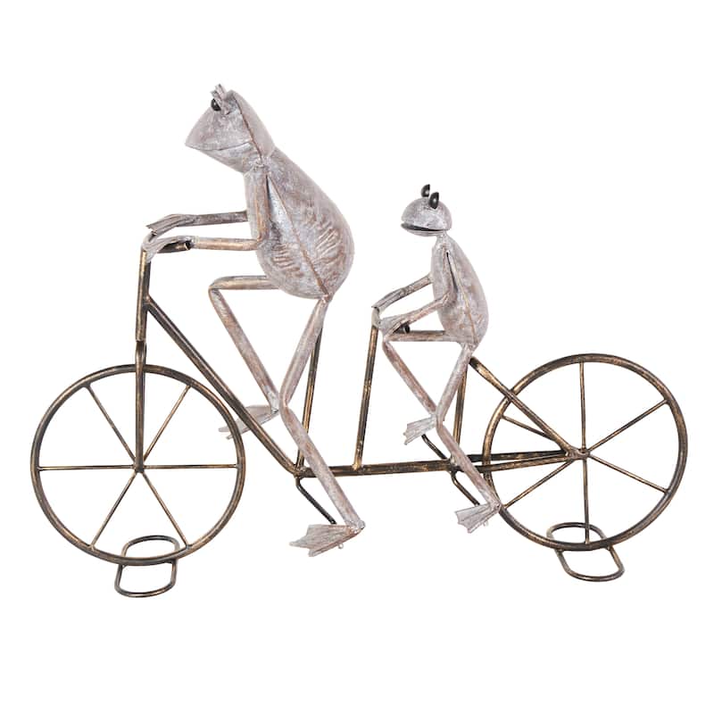 Metal Frog On Bicycle Garden Sculpture with Gold Accents - Copper or Green - Roche River Decor
