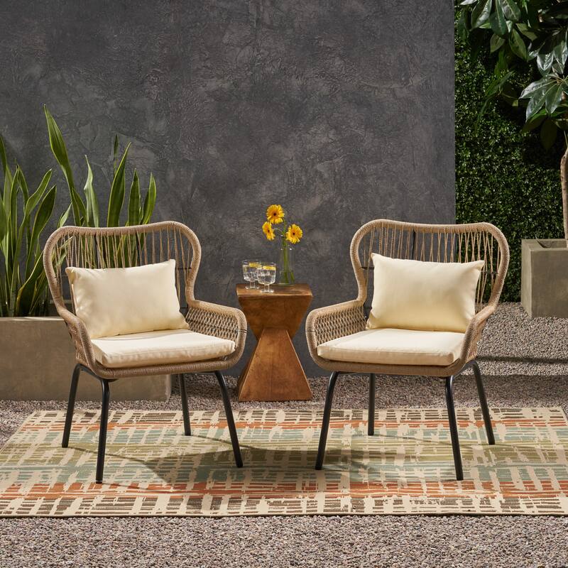 2 Piece Contemporary Bohemian Beach Club Chairs with Steel Frame, Rope-Wrapped Seat & Back for Gardens, Poolside
