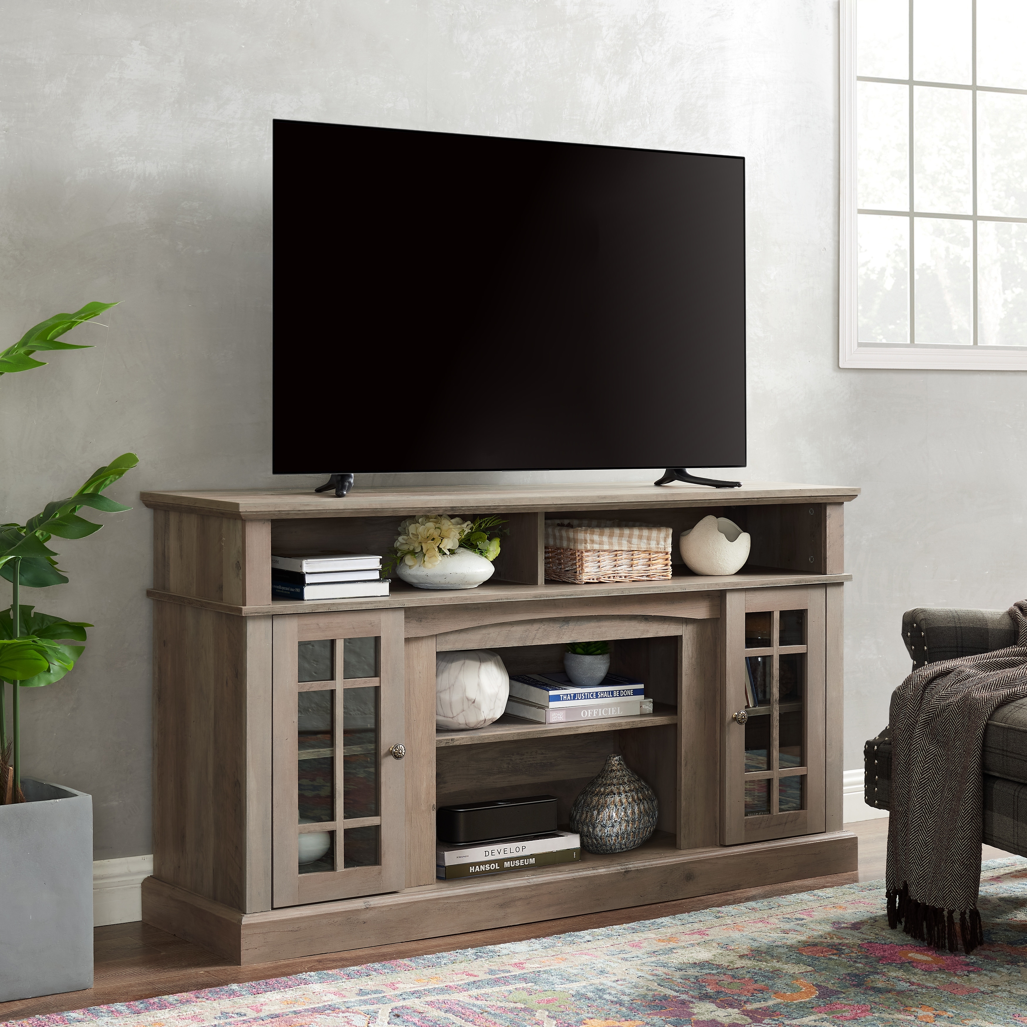 Wood TV Media Stand for TV Up to 65", Entertainment Center TV Console, Storage Cabinet with Glass Doors & Adjustable Shelves.