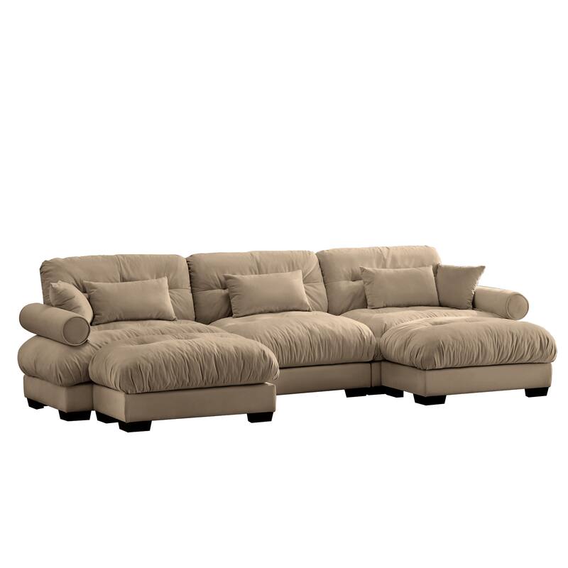 130" Velvet Modular Sectional Sofa with Ottomans & Pillows