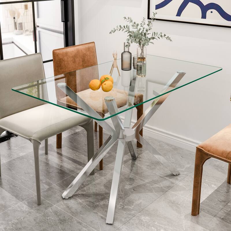 Stylish Rectangular Tempered Glass Dining Table with Sturdy Metal Legs for Dining Room