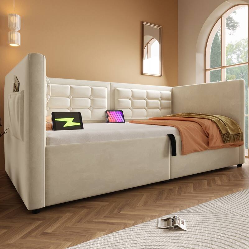 Beige Velvet Twin Daybed with Hydraulic Storage, USB Charging & Tufted Back!