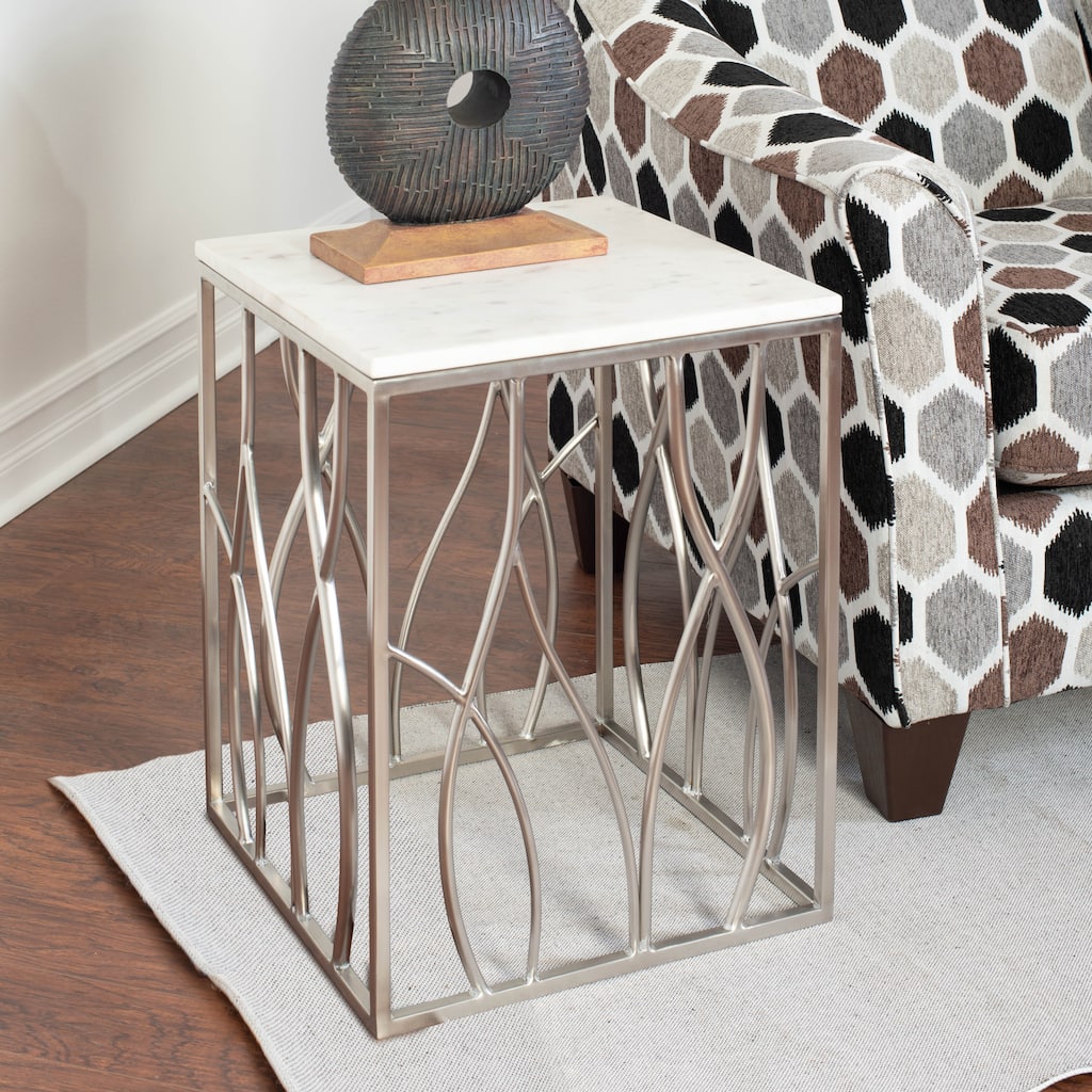 Roundhill Furniture Kameral Square Marble End Table with Stainless Steel Base