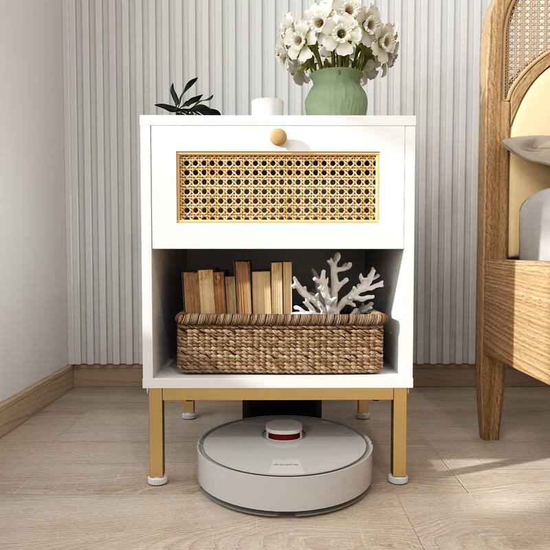 Rattan End Table/ Nightstand with Drawer, Farmhouse Boho Bed Side Table