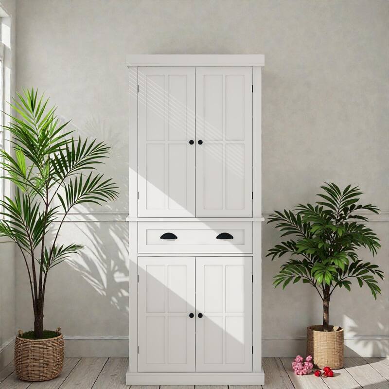 71 Inch Kitchen Pantry Storage Cabinet with 4 Doors and Drawer, Freestanding Cupboard with Adjustable Shelves - White