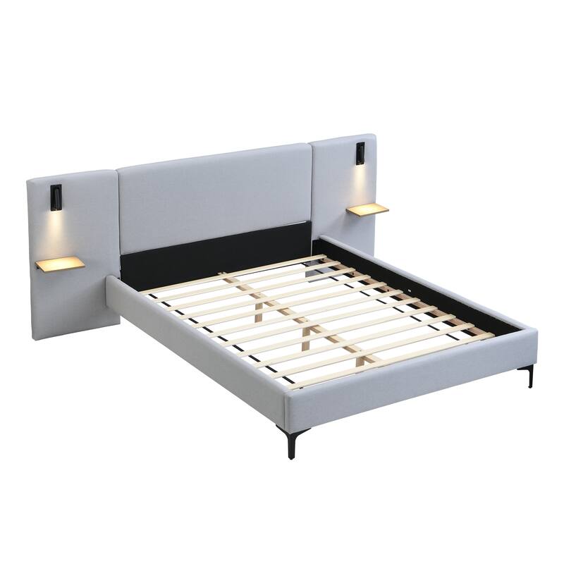 Linen Upholstered Bed Platform Bed with Bedside Lights and Convenient Shelves Storage Bed Wingback Bed with Iron Legs