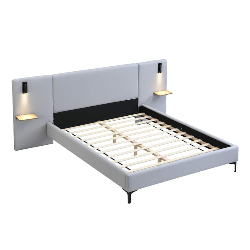 Linen Upholstered Frame Wingback Bed Built-in Lights and Shelves