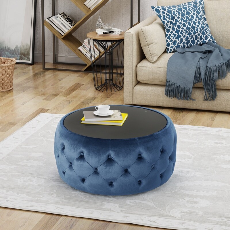 Ottoman Modern Velvet Button Tufted Footstool with Tempered Glass Countertop Suitable for Bedrooms Living Rooms Blue