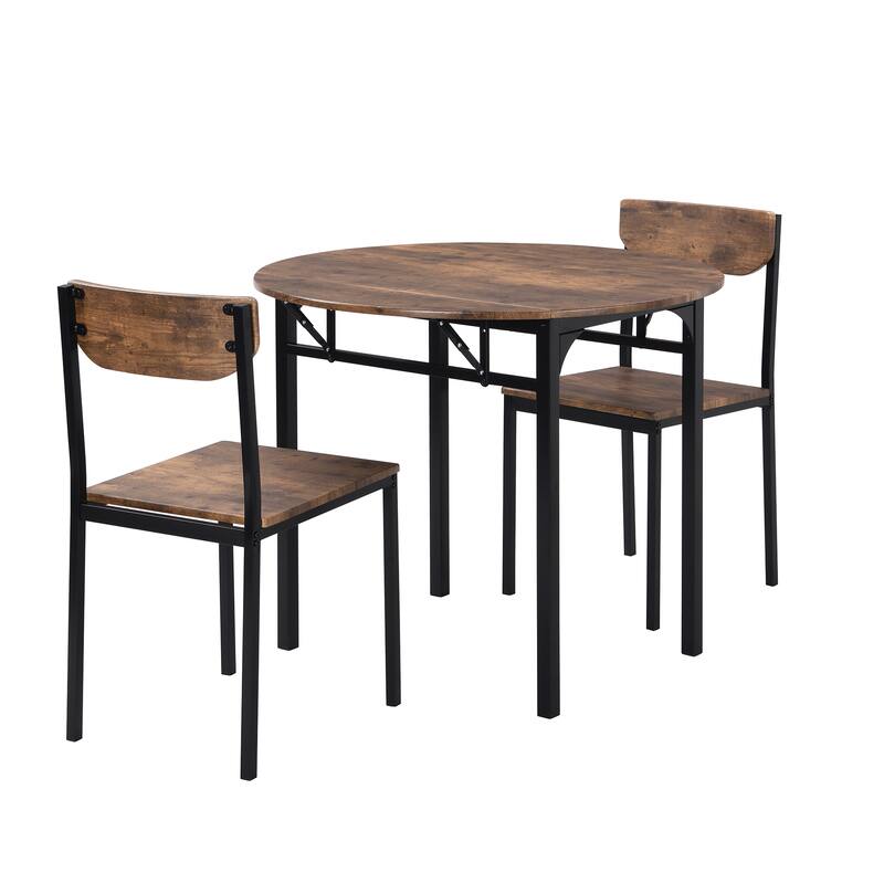 3-Piece Modern Round Dining Table Set Solid Wood Drop-Leaf Kitchen Table with 2 Chairs, Space-Saving Dining Set for Small Spaces