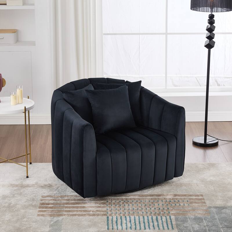 Roomfitters Oversized Swivel Barrel Chair, Velvet Channel Tufted Pumpkin-Shape Club Armchair with 3 Pillows for Living Room