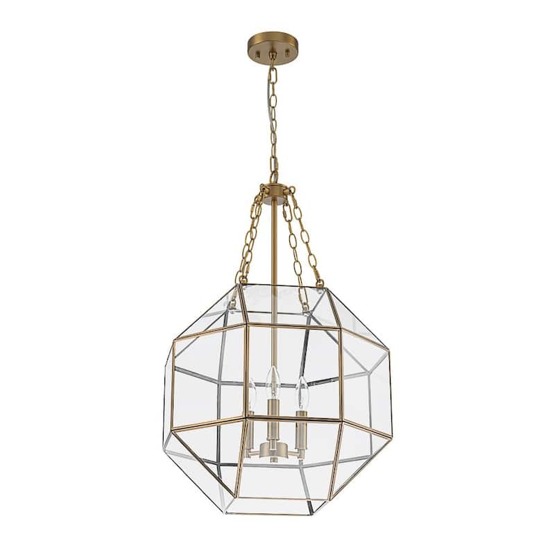 Modern 3-Light Polygonal Cube Clear Glass Metal Lantern Chandelier - 18.1in