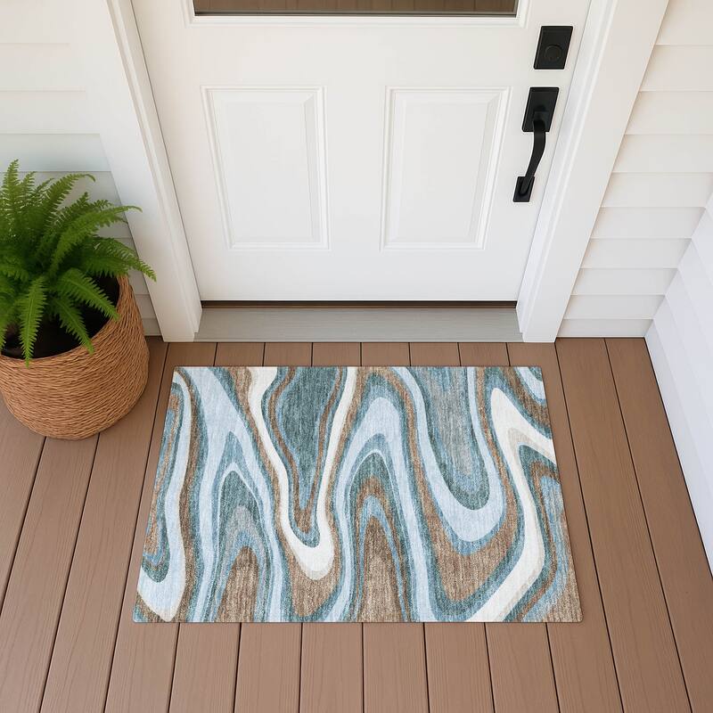 Machine Washable Indoor/ Outdoor Abstract Busey Chantille Rug - Teal - 1'8" x 2'6"