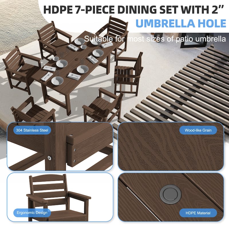 7-Piece HDPE Outdoor Dining Table Sets with Umbrella Hole - 1-Table 6-Chairs