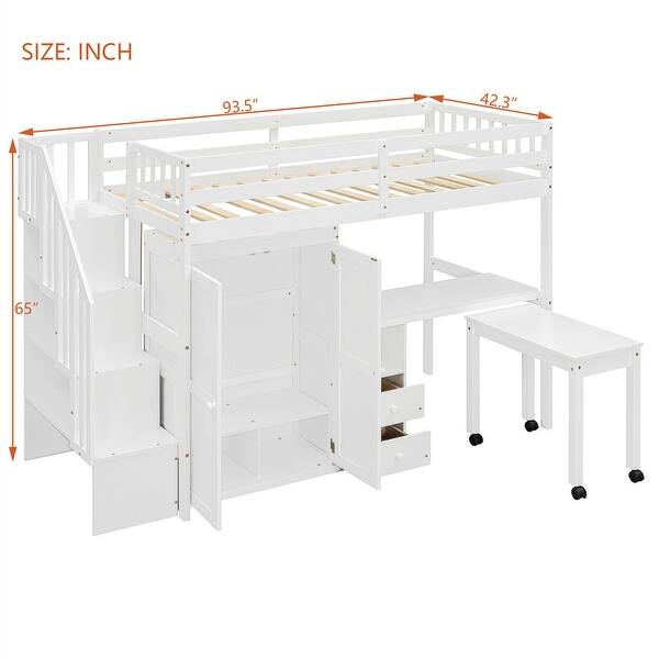 dimension image slide 4 of 6, Twin/Full Size Loft Bed with Storage Staircase, Wardrobe and Desk, Solid Wood Loft Bedframe with 2 Storage Drawers and Shelves