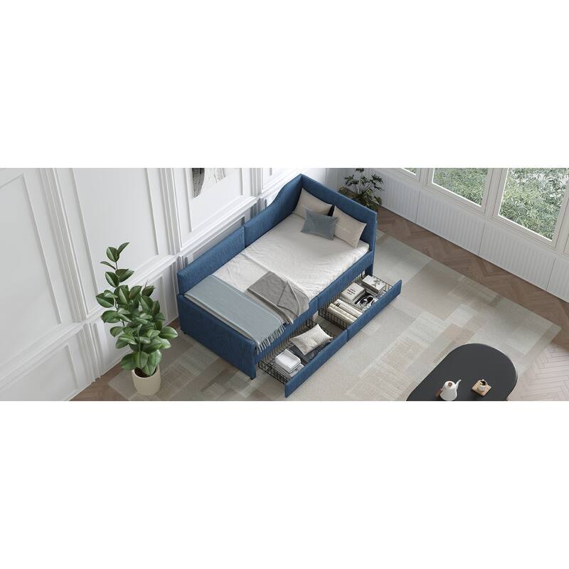 L-Shaped Twin Daybed with Storage Drawers, Corduroy Upholstered Frame, Blue