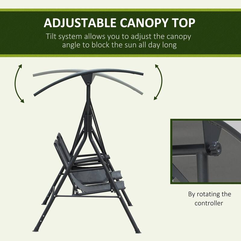 2-Seater Porch Swing with Pivot Table, Cup Holder, Adjustable Canopy
