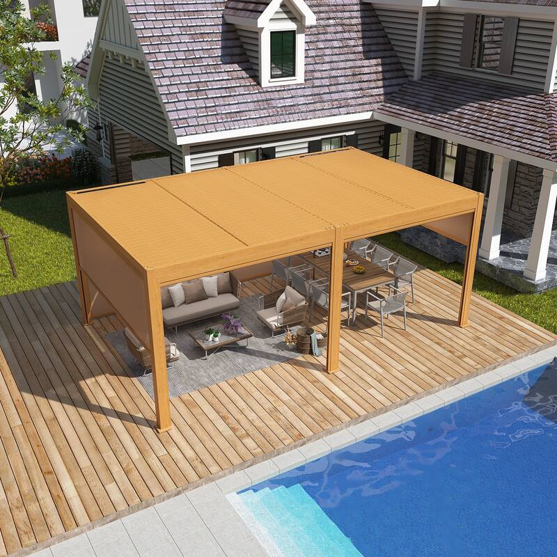 EROMMY Outdoor Louvered Pergola Gazebo with Adjustable Aluminum Rainproof Roof and Pull-Down Screen