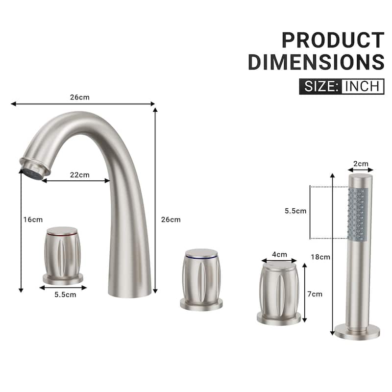 3-Handle Waterfall Roman Tub Faucet Deck-Mount Bathtub Faucet with Hand Shower