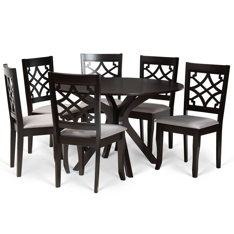 Modern 7-Piece Dining Set - Grey Fabric Chairs & Dark Wood Table