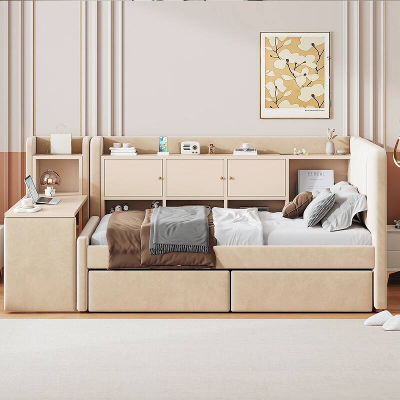 Twin Size Upholstered Daybed with Drawers, Shelves, Flip Cabinets & Side Table