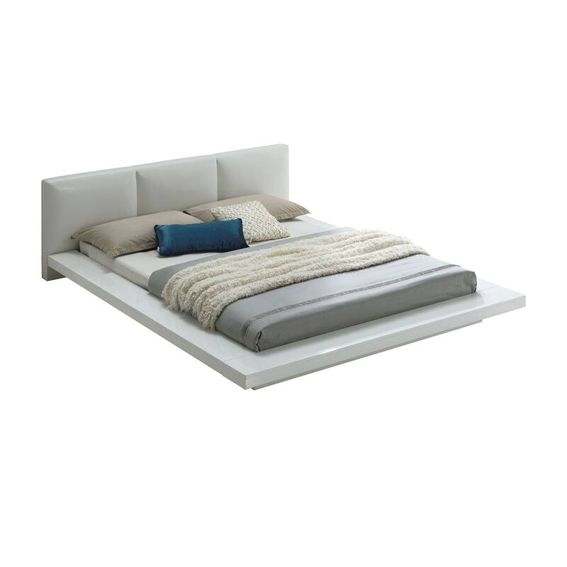 Low Profile Bed with Padded Fabric Headboard Design in White - California King