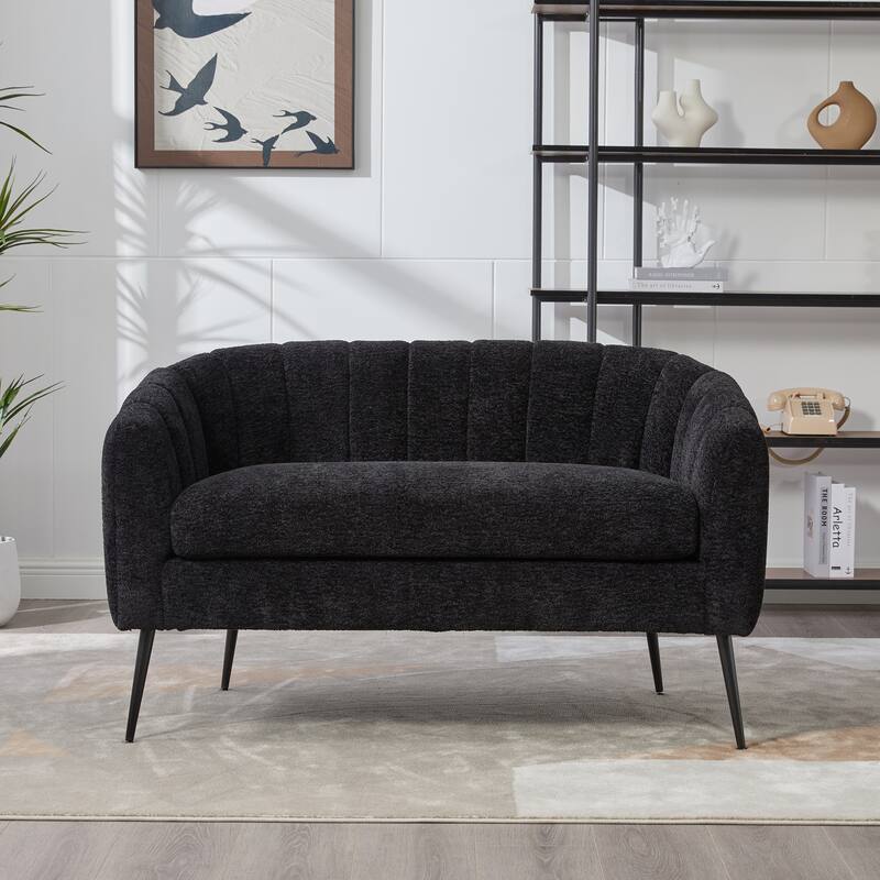 Roomfitters Chenille Loveseat, Channel Tufted 2-Seater Sofa with Metal Legs for Living Room, Bedroom or Small Spaces, Black