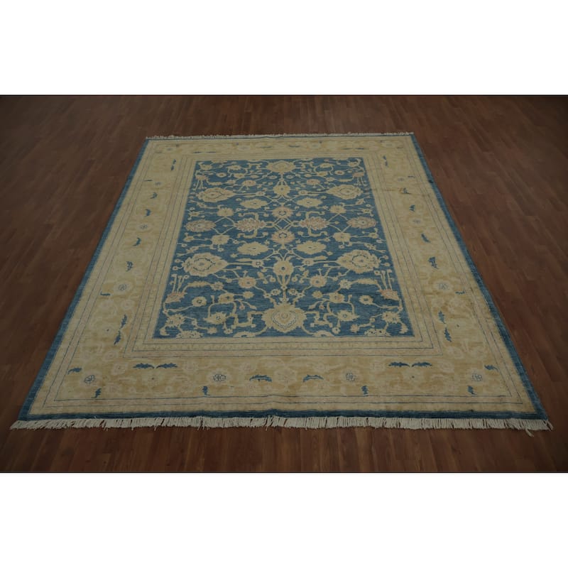 Hand Knotted Oriental 100% Wool Carpet Transitional Floral Navy Blue & Blues Oushak Area Rug - 9' 11'' X 8' 2''