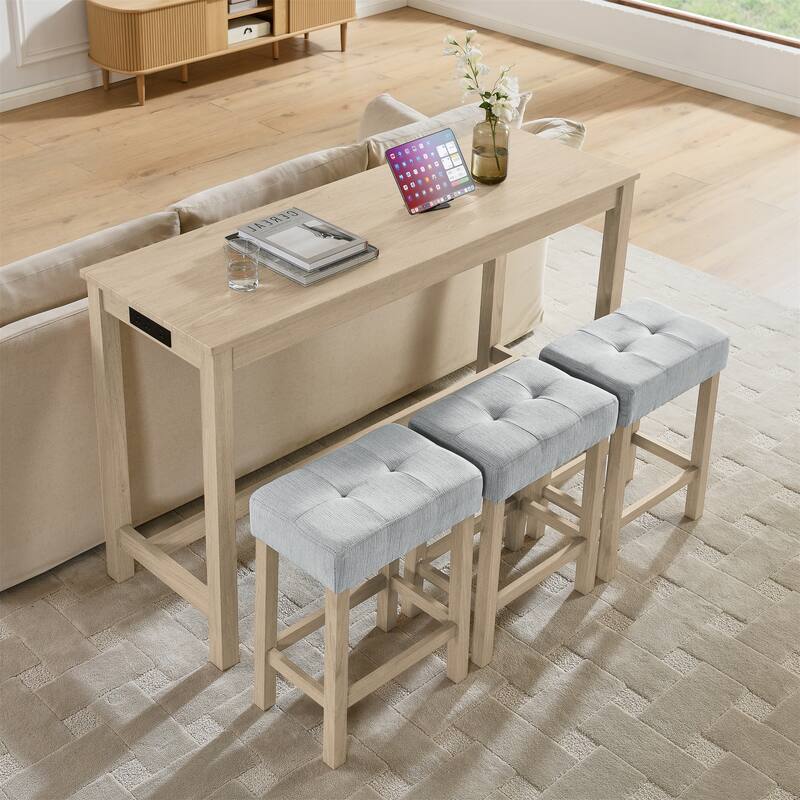 Modern 4-Piece Dining Set with Bar Table & 3 Upholstered Stools, Sofa Table with Built-In Charging Hub for Dining Room