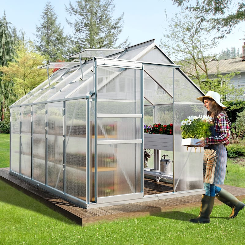 Moasis 6'W X 4/6/8/10/12/16'D Dual-wall PC Walk-in Hobby Greenhouse with Aluminum Frame - 6'W X 10'D