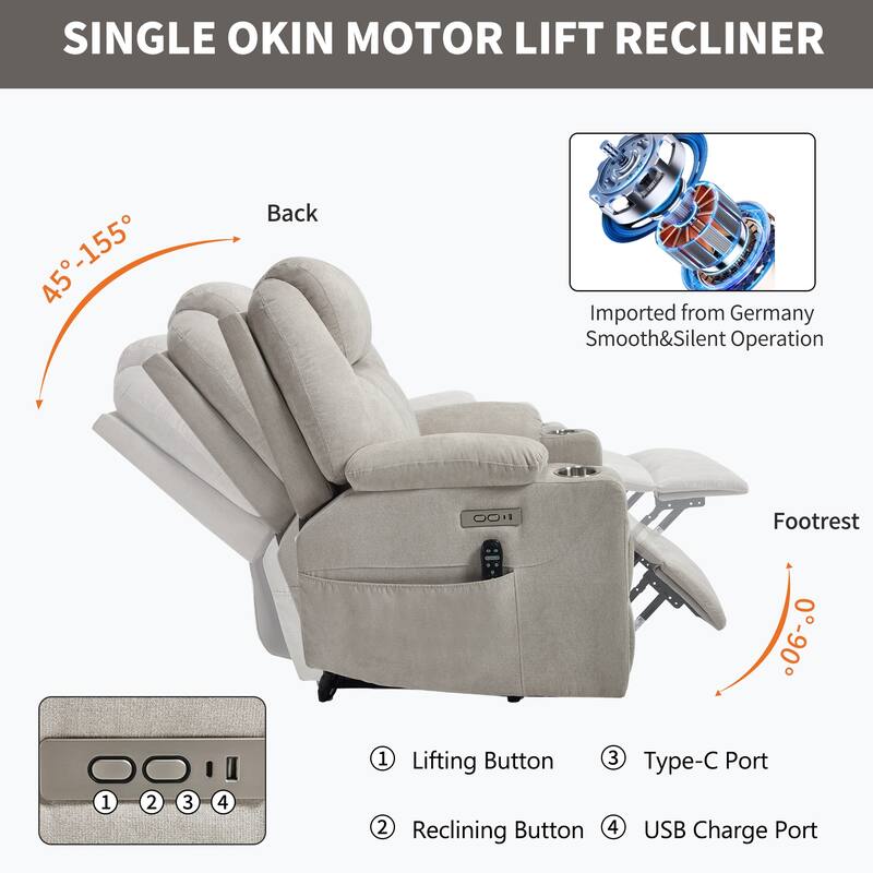 Power Lift Recliner Chair for Elderly Heated Vibration Massage, Lounge Sofa with USB Ports, Cup Holders & Side Pockets