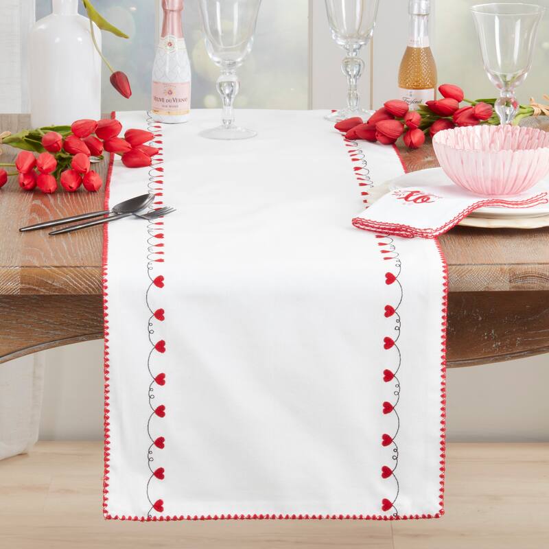 Classic Printed Heart Border Table Runner - Non-Reversible Cotton Dining Table Runner, 16"x72"