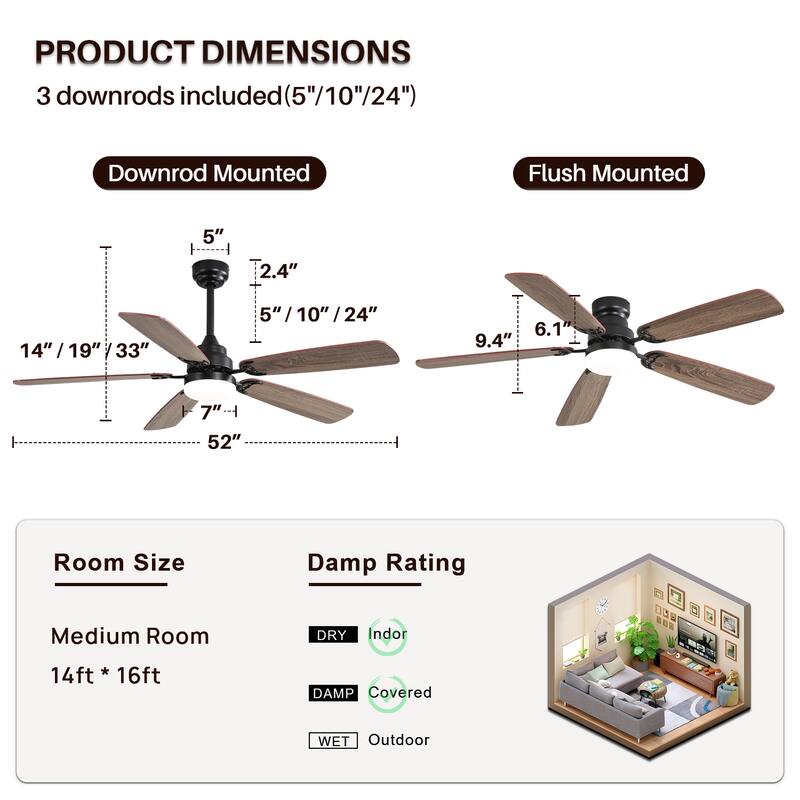52 inch Integrated LED Ceiling Fan with Light and Remote, Flush Mount and Downrd Mount - 52 inch