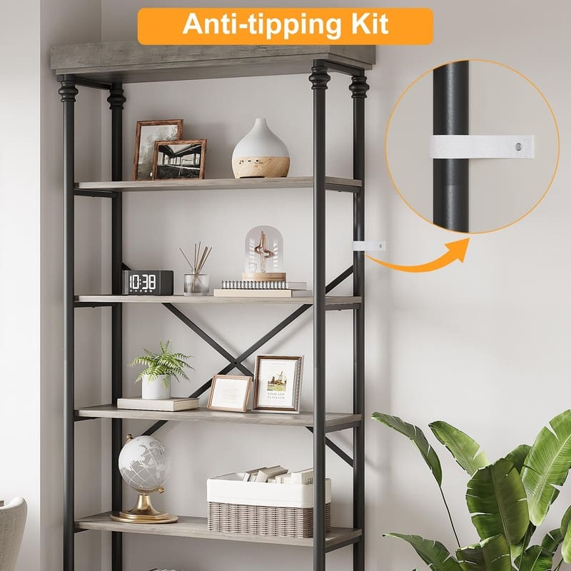 5-Tier Rustic Bookshelf with Metal Frame & Storage Drawer Open Bookcase