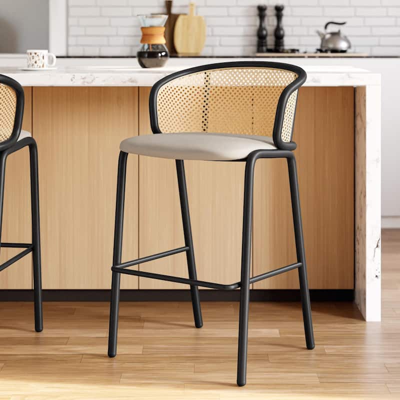 Ervilla Mid-Century Modern Low-Back Wicker Bar Stool and Black Powder-Coated Steel Frame for Kitchen and Dining (Set of 2) - 37"
