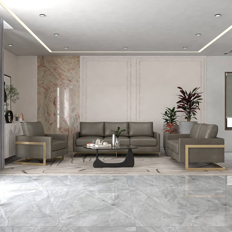 3-Piece Leather Sofa Set with Gold Stainless Steel Base and Removable Cushions