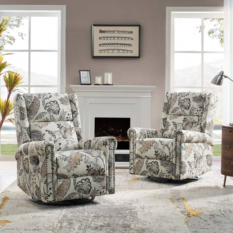 Leopold Transitional Floral Print Manual Swivel Rocking Recliner with Nailhead Trims Set of 2 by HULALA HOME