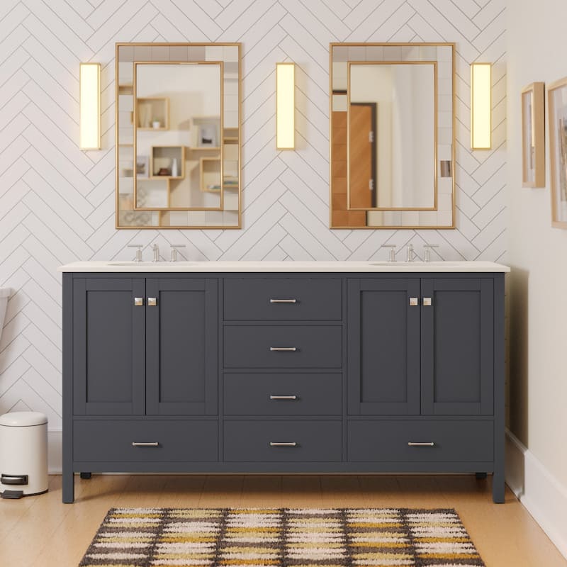 KitchenBathCollection Horizon 72" Double Bathroom Vanity with Engineered White Top - Marine Gray