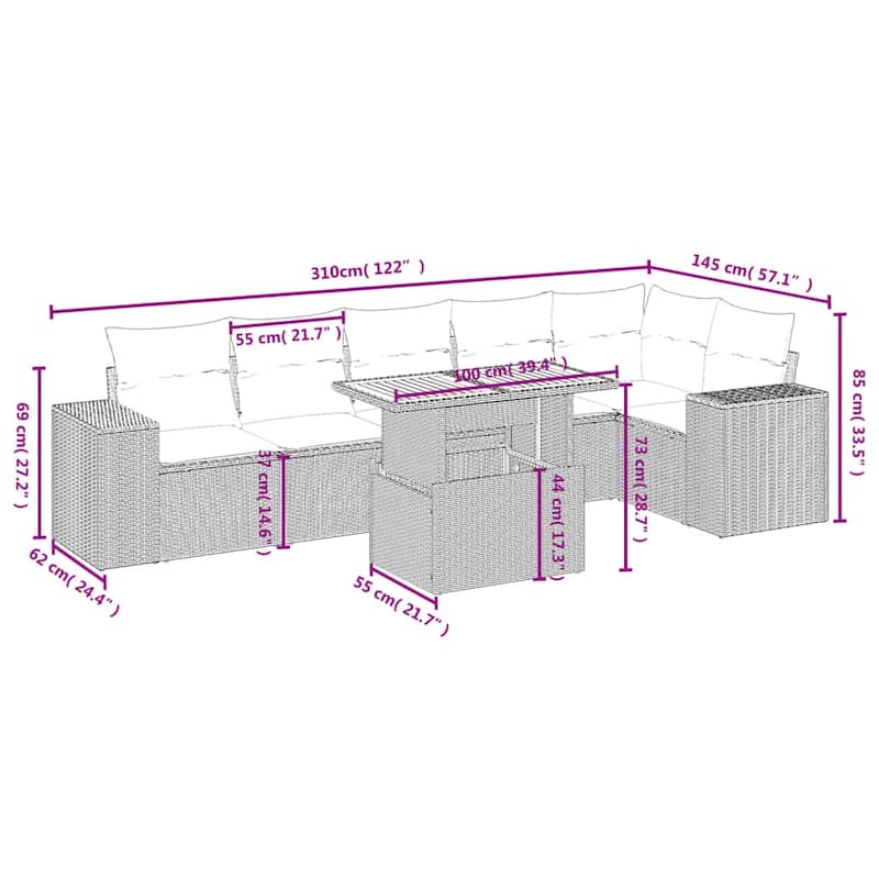 vidaXL Patio Sofa Set with Cushions Table and Modular Sofas 7 Piece Poly Rattan