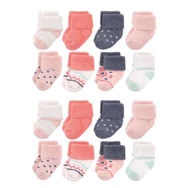 slide 1 of 1, Luvable Friends Baby Cotton Rich Terry Socks 16-Pack, Girl Pink Polka Dot Girl Aztec - 0-6 Months