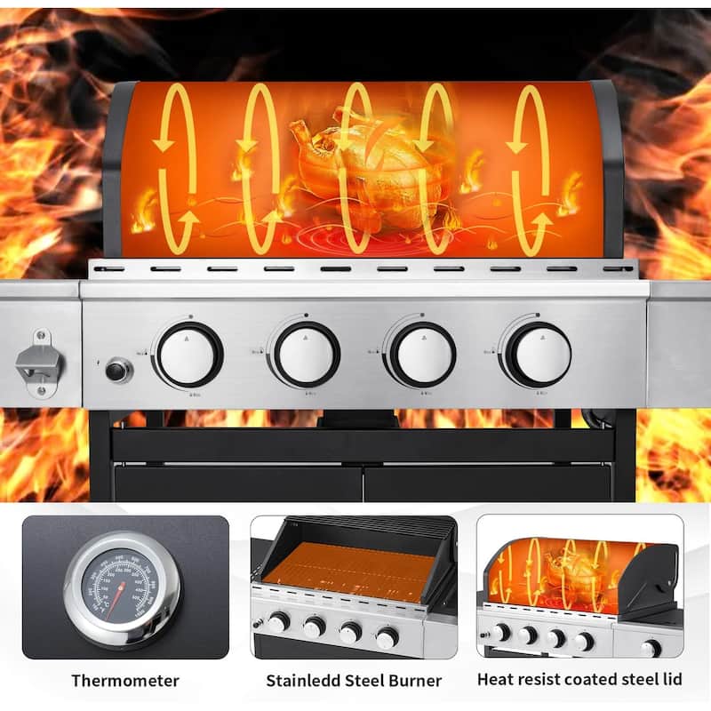 Outdoor BBQ Gas Grill - 58K BTU, Stainless Steel, with Stove & Side Table, perfect for camping, picnics, and gatherings