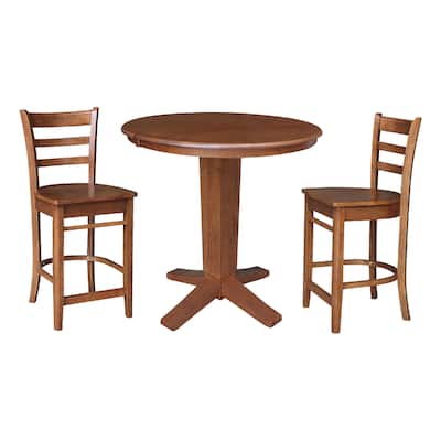 36 in Round Counter Height Extension Dining Table with 12 in Leaf and Stools in Distressed Oak