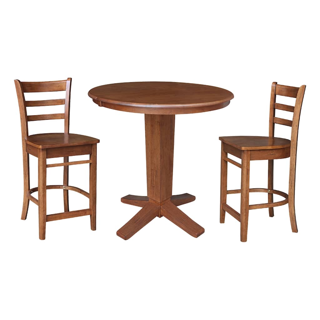 36 in Round Counter Height Extension Dining Table with 12 in Leaf and Stools in Distressed Oak