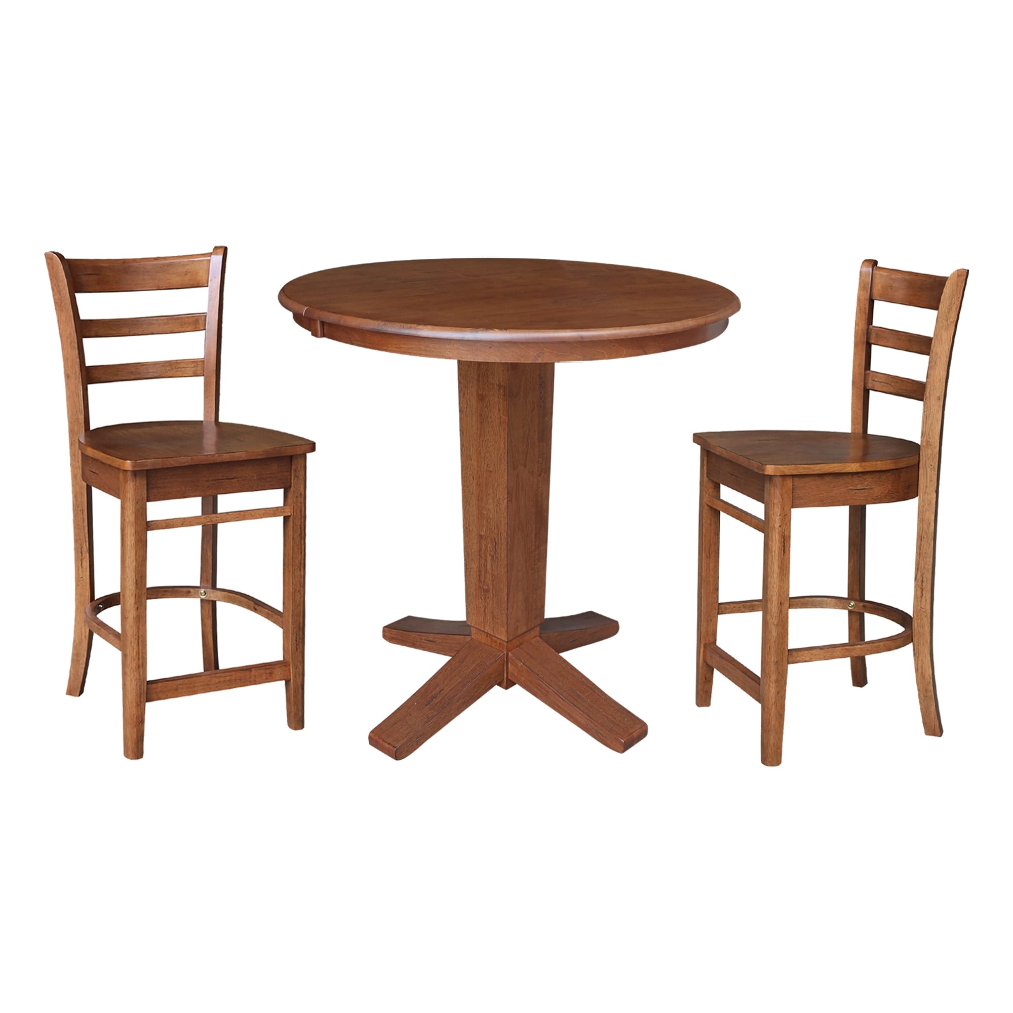 36 in Round Counter Height Extension Dining Table with 12 in Leaf and Stools in Distressed Oak