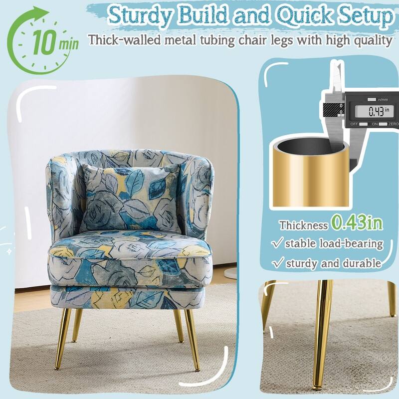 Mid Century Modern Upholstered Reading Chair with Lumbar Pillow, Gold Metal Legs, Small Space Friendly for Living Room Bedroom